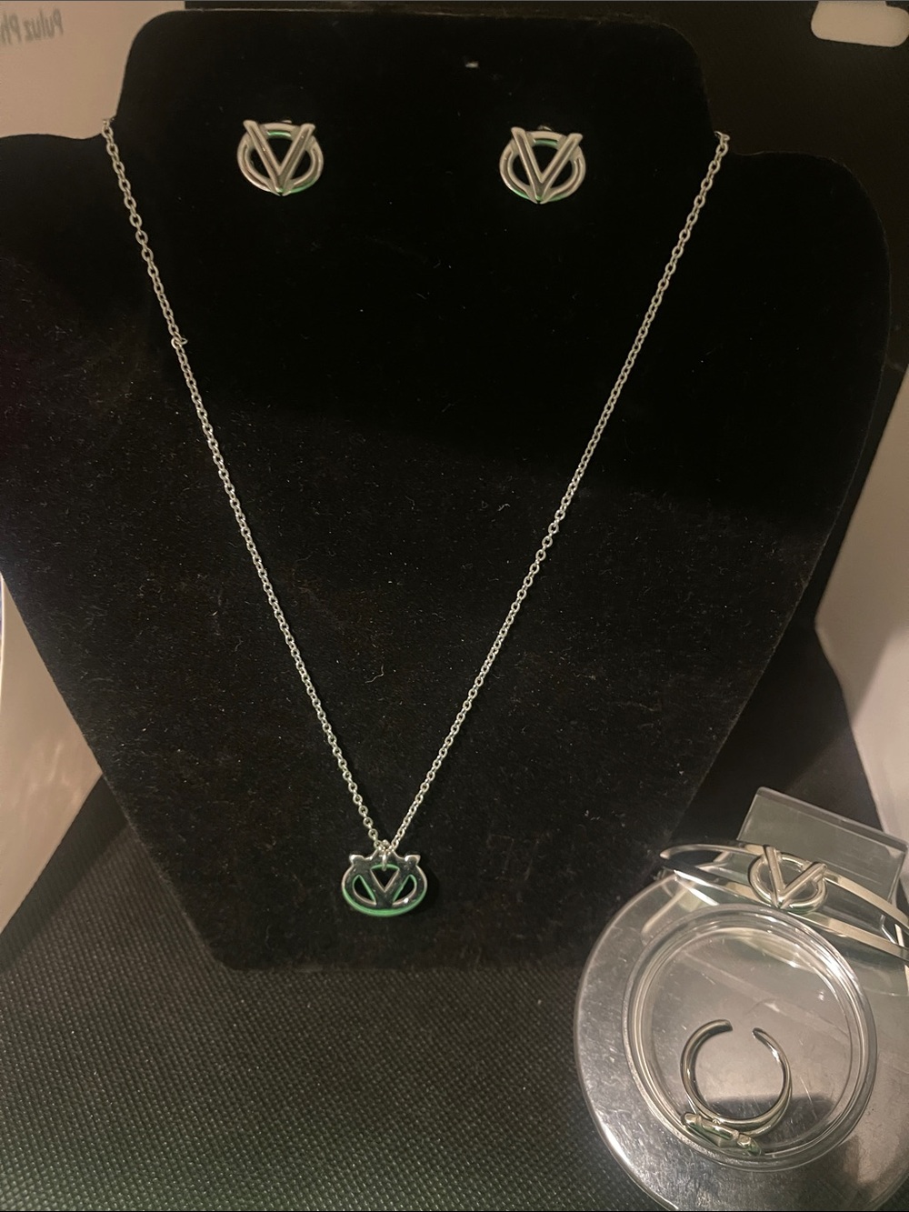 Stainless steel Silver-tone Green Accent Necklace and Earring Set